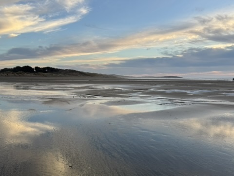 Calm shoreline at low tide with sky reflected in the water